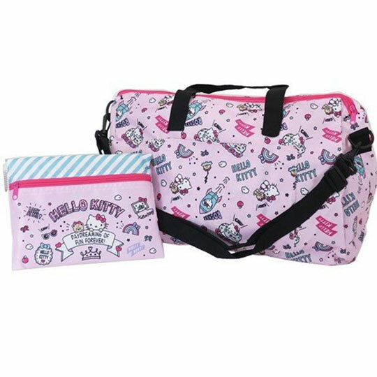 小禮堂 Hello Kitty 折疊尼龍拉桿行李袋《粉.插圖》旅行袋.側背袋
