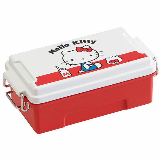 小禮堂 Hello Kitty 日製方形雙面扣便當盒《紅白.側坐》500ml.保鮮盒.餐盒.食物盒