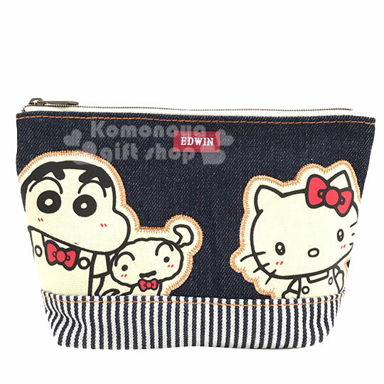 小禮堂 Hello Kitty 蠟筆小新 EDWIN 牛仔布船形化妝包《深藍米》收納包.萬用包