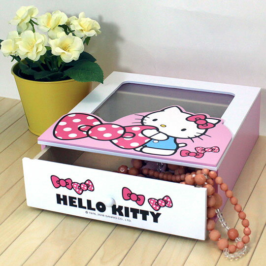 小禮堂 Hello Kitty 木製透窗單抽收納盒《粉.圓點蝴蝶結.KT1092》抽屜盒.展示盒