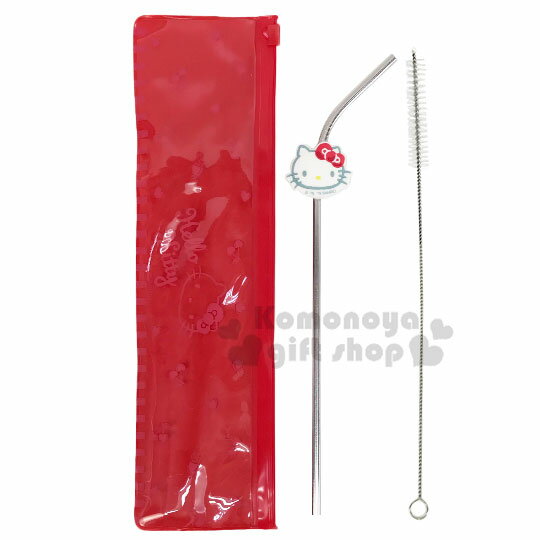 小禮堂 Hello Kitty 彎式不鏽鋼吸管吸管刷組附餐具袋《紅》環保吸管