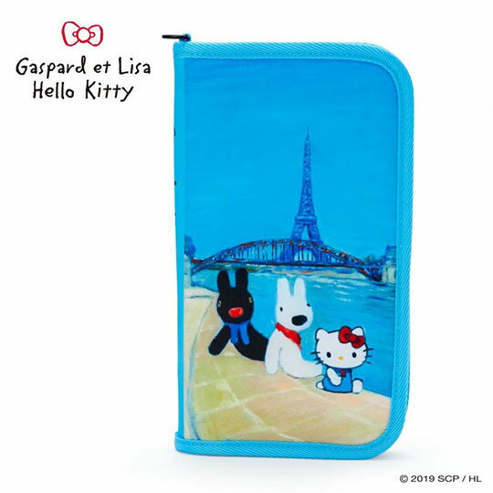 小禮堂 Hello Kitty x 麗莎與卡斯柏 尼龍拉鍊多功能證件包《藍.巴黎》護照包.票據包