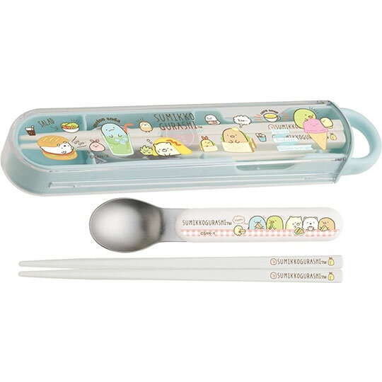 小禮堂 角落生物 日製滑蓋兩件式餐具組《淡藍.食物》匙筷.環保餐具.兒童餐具