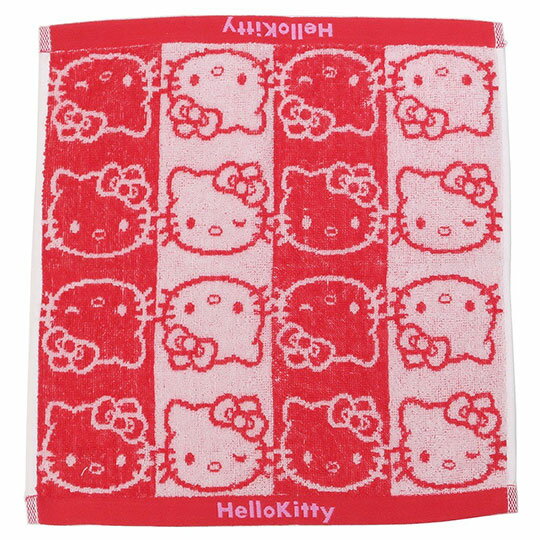 小禮堂 Hello Kitty 純棉無捻紗方形毛巾《紅白.直條大臉》34x36cm.方巾.丸真毛巾