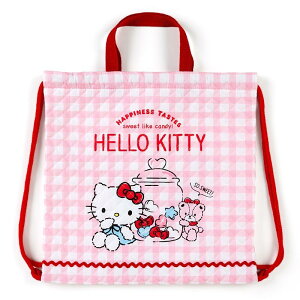 小禮堂 Hello Kitty 日製菱格紋厚棉束口後背袋《紅白.格紋》手提袋.肩背袋.縮口袋