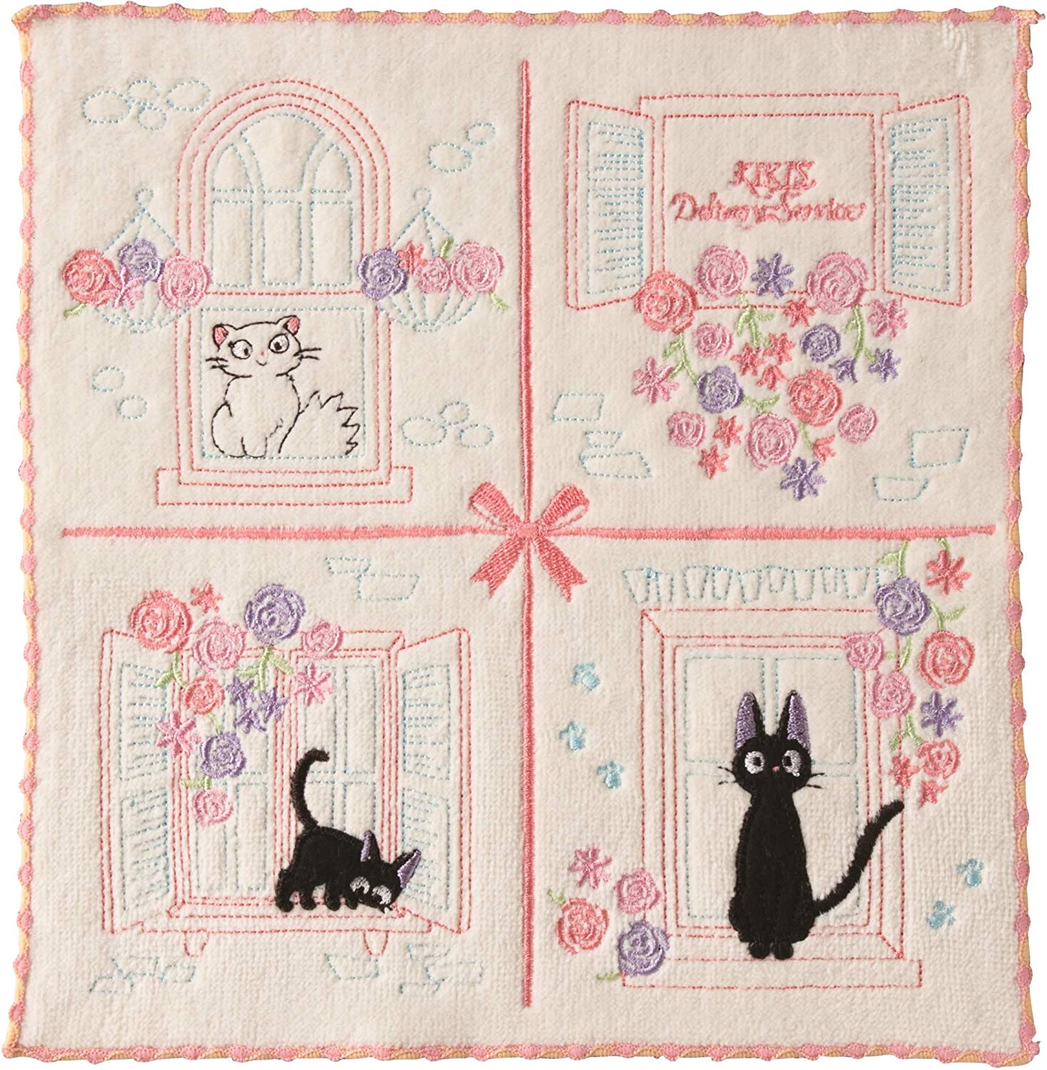 小禮堂 宮崎駿 魔女宅急便 黑貓KIKI 純棉割絨小方巾《紅米.窗戶》25x25cm.手帕.丸真毛巾