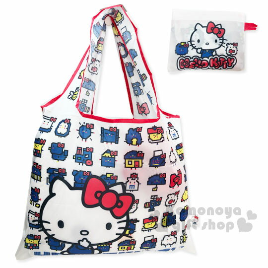 小禮堂 Hello Kitty 折疊尼龍環保購物袋《紅白.吊帶褲》手提袋.環保袋