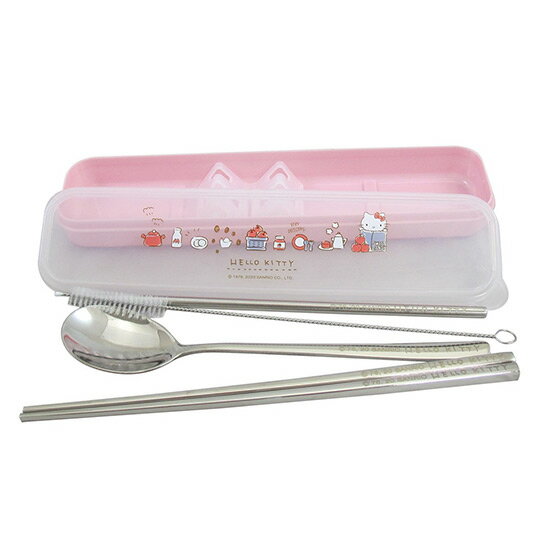小禮堂 Hello Kitty 盒裝不鏽鋼兩件式餐具吸管組《粉.紙袋裡》環保餐具.環保吸管