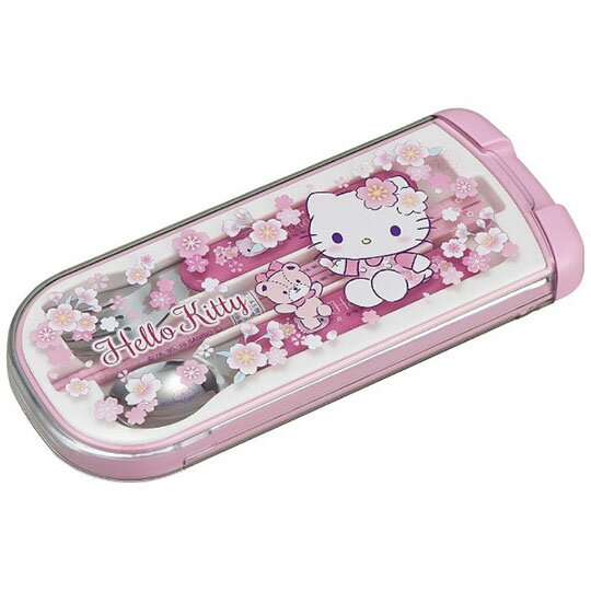 小禮堂 Hello Kitty 日製滑蓋三件式餐具組《粉白.櫻花》叉匙.匙筷.環保餐具.兒童餐具