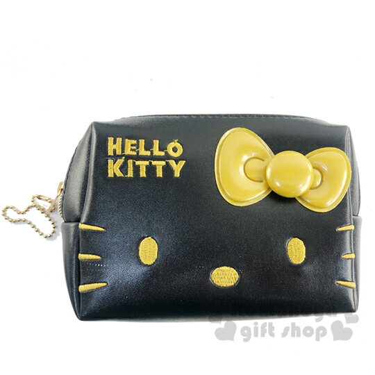 小禮堂 Hello Kitty 方形皮質拉鍊化妝包《黑金.大臉》收納包.萬用包