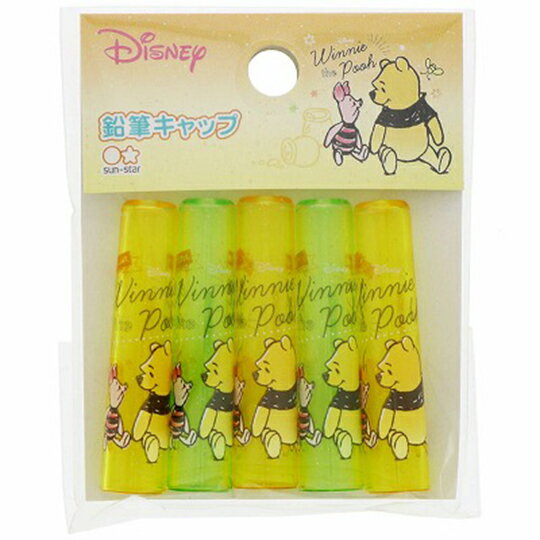 小禮堂 迪士尼 小熊維尼 日製塑膠鉛筆筆蓋組《5入.黃綠.對看》鉛筆帽.學童文具