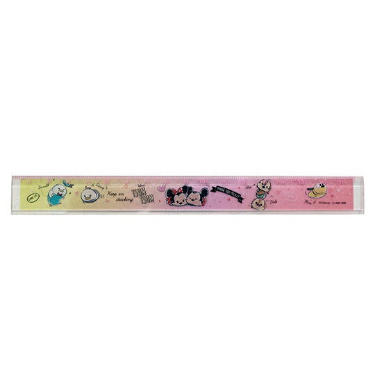 小禮堂 迪士尼 TsumTsum 日製透明塑膠尺《粉黃.愛心》17cm.量尺.直尺.學童文具