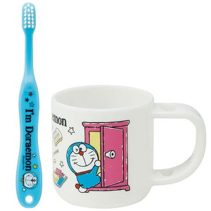 小禮堂 哆啦A夢 兒童牙刷杯組 附牙刷蓋 漱口杯 3-5歲適用 (藍白 任意門)