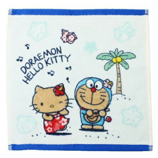 小禮堂 Hello Kitty x 哆啦A夢 方巾 手帕 小毛巾 純棉 割絨 25x25cm (藍白 沙灘)