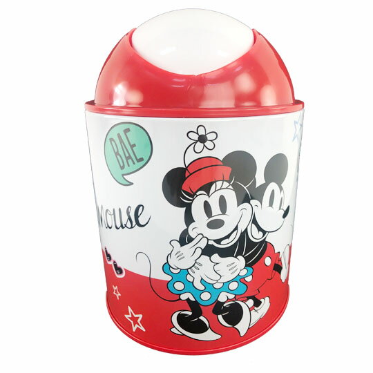 小禮堂 迪士尼 米奇米妮 圓形鐵垃圾筒 平衡蓋垃圾筒 桌上型垃圾筒 (紅白 抱抱)