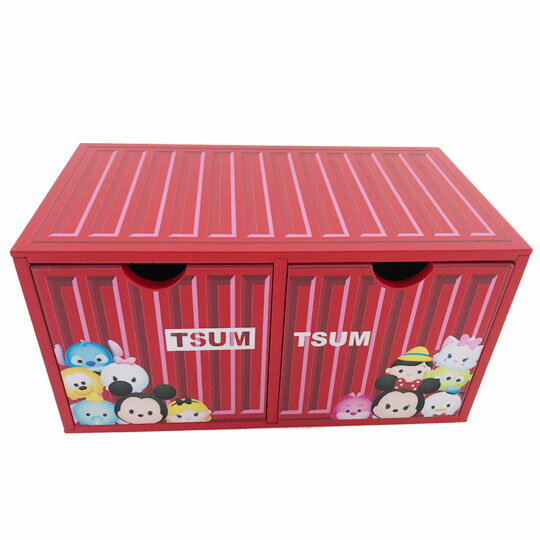 小禮堂 迪士尼 TsumTsum 木製收納盒 橫式 雙抽 抽屜盒 置物盒 貨櫃造型 (紅)