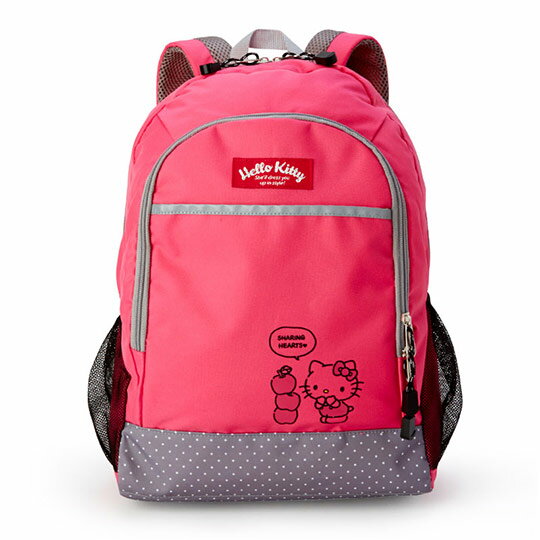小禮堂 Hello Kitty 尼龍雙層拉鍊後揹包 書包 運動揹包 (桃灰 蘋果)
