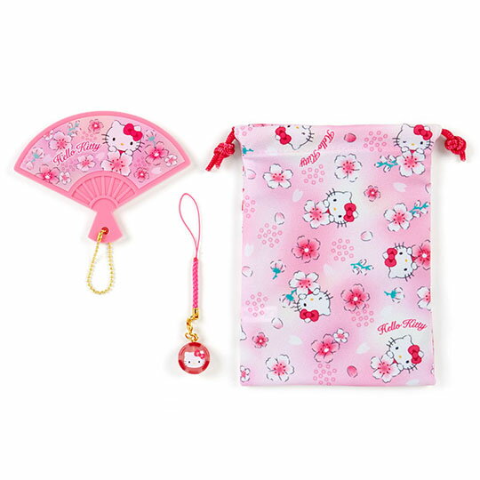 小禮堂 Hello Kitty 扇形隨身鏡吊飾束口袋組 小物收納袋 掛飾鏡 (桃粉)