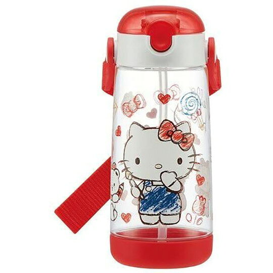 小禮堂 Hello Kitty 透明直飲式水壺附背帶 塑膠水瓶 兒童水壺 480ml (紅 塗鴉)