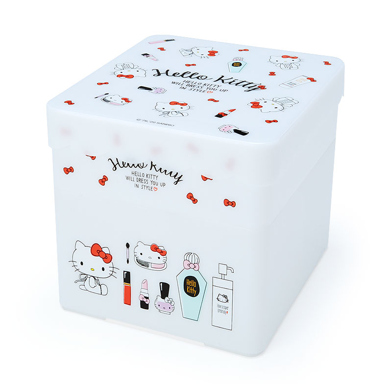 小禮堂 Hello Kitty 方形塑膠雙層收納盒 附託盤蓋 置物盤 小物收納 (白紅 化妝品)