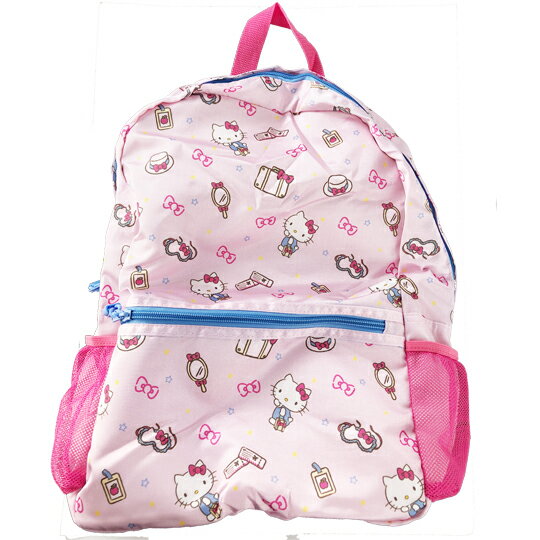 小禮堂 Hello Kitty 折疊尼龍後揹包 旅行揹包 盥洗包 手提化妝包 (粉 行李箱)