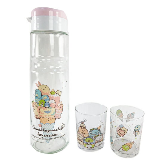 小禮堂 角落生物 日製 無把玻璃水壺水杯組 透明水壺 透明水杯 杯壺組 (3入 粉 冰淇淋)