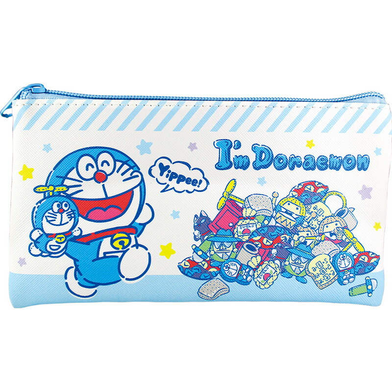 小禮堂 哆啦A夢 皮質扁平拉鍊筆袋 皮質筆袋 鉛筆袋 鉛筆盒 (藍白 玩偶)