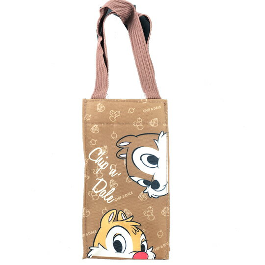 小禮堂 迪士尼 奇奇蒂蒂 方形尼龍保冷水壺袋 環保杯袋 飲料杯袋 (棕 探頭)