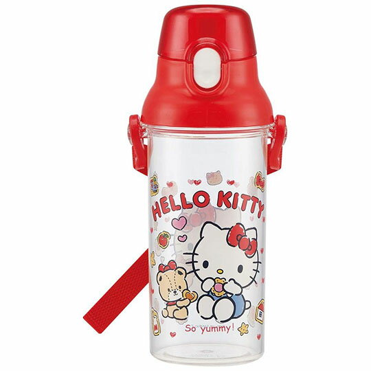 小禮堂 Hello Kitty 日製 透明直飲式水壺附背帶 塑膠水瓶 兒童水壺 480ml (紅 餅乾)