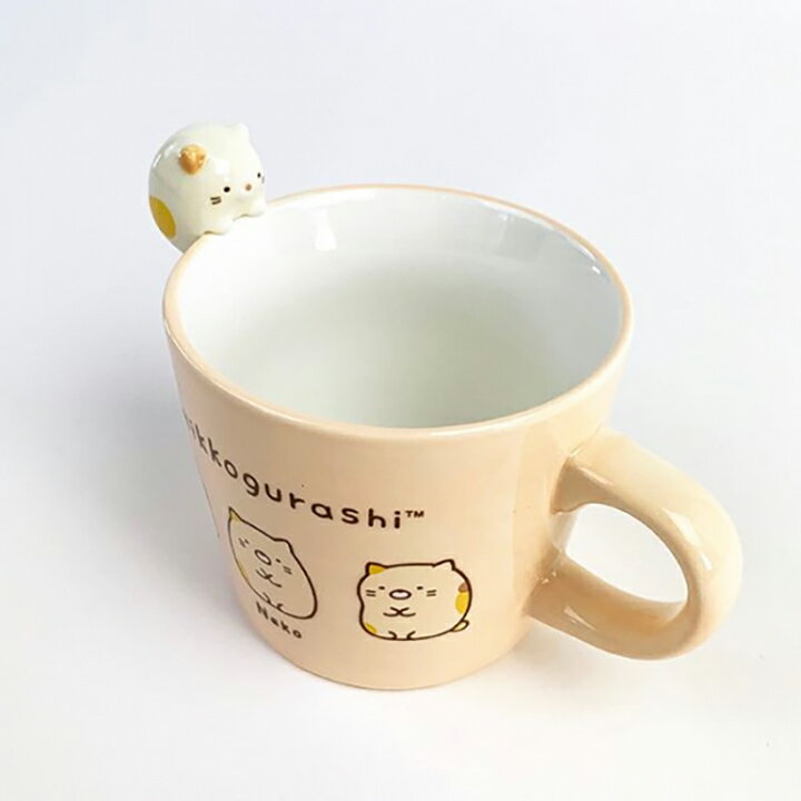 小禮堂 角落生物 貓咪 造型陶瓷馬克杯 寬口杯 咖啡杯 陶瓷杯 (棕 杯邊玩偶)
