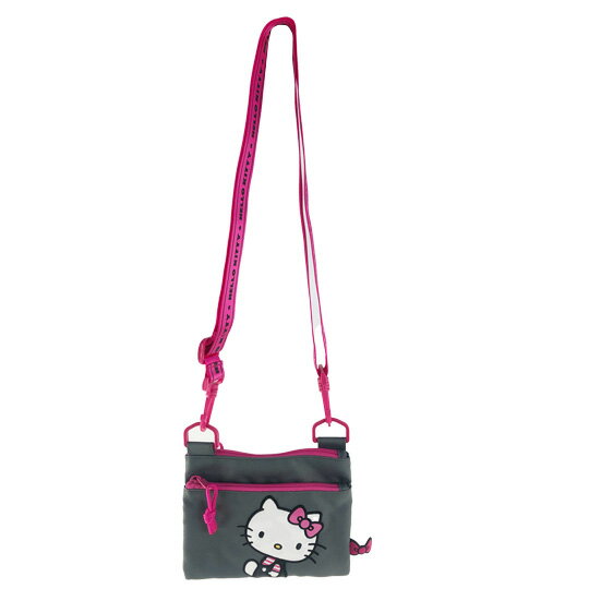 小禮堂 Hello Kitty 尼龍扁平斜背袋 尼龍斜揹包 隨身揹包 (桃灰織帶)