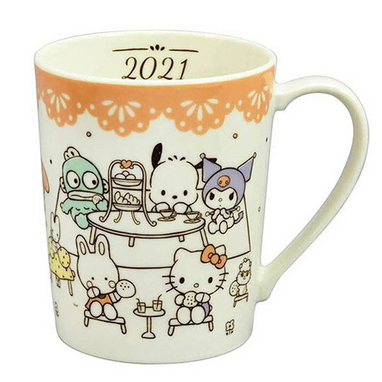 小禮堂 Sanrio大集合 日製 2021紀念陶瓷馬克杯 咖啡杯 陶瓷杯 350ml YAMAKA陶瓷 (米黃)