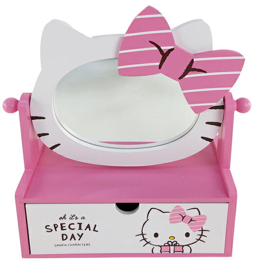 小禮堂 Hello Kitty 造型木質抽屜盒 附鏡 化妝鏡盒 收納鏡盒 飾品盒 (粉 大臉)