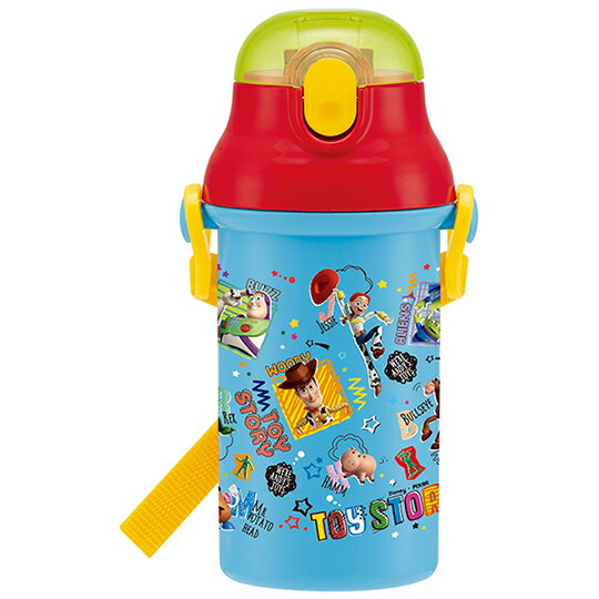 小禮堂 迪士尼 玩具總動員 日製 直飲式水壺附背帶 塑膠水瓶 兒童水壺 隨身瓶 400ml (藍紅 框框)