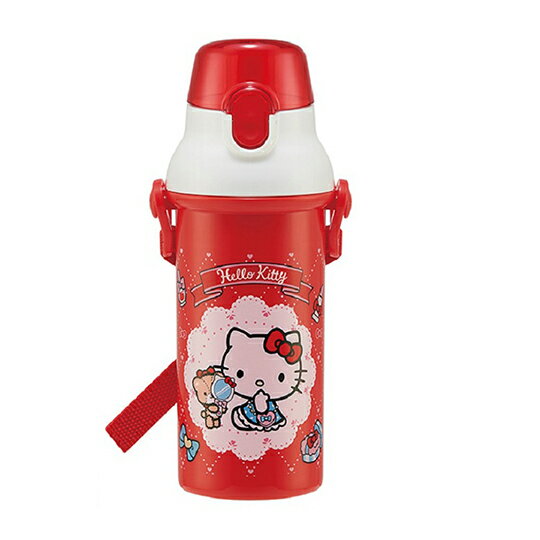 小禮堂 Hello Kitty 日製 直飲式水壺 附背帶 抗菌水壺 塑膠水瓶 隨身瓶 480ml Ag+ (紅 鏡子)