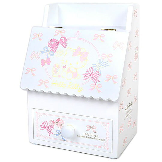 小禮堂 Hello Kitty 木質掀蓋單抽化妝鏡盒 收納鏡盒 化妝品盒 抽屜盒 (白 緞帶)