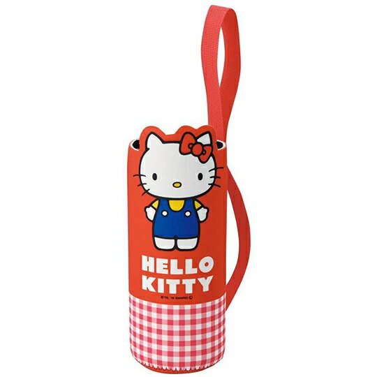 小禮堂 Hello Kitty 造型潛水布水壺套 環保杯袋 飲料杯袋 600ml (紅 格紋)