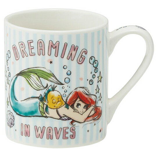 小禮堂 迪士尼 小美人魚 陶瓷馬克杯 咖啡杯 茶杯 陶瓷杯 240ml (藍白 直紋)