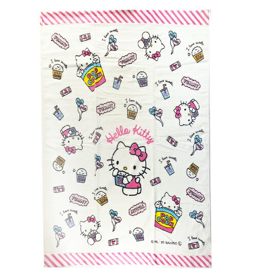 小禮堂 Hello Kitty 純棉割絨浴巾 純棉浴巾 身體毛巾 85x115cm (白 爆米花)