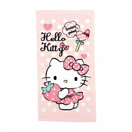 小禮堂 Hello Kitty 純棉割絨長毛巾 兒童毛巾 純棉毛巾 長巾 童巾 28x54cm (粉 草莓)