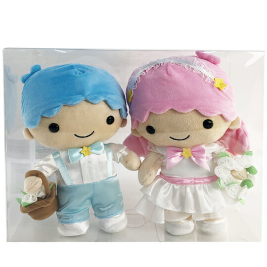 小禮堂 雙子星 絨毛玩偶組 結婚娃娃 婚禮娃娃 中型玩偶 透明盒裝 (2入 粉藍婚紗)