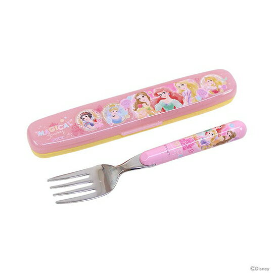 小禮堂 迪士尼 公主 日製 不鏽鋼叉子 附盒 兒童叉 甜點叉 鐵叉 環保餐具 (粉 花朵)