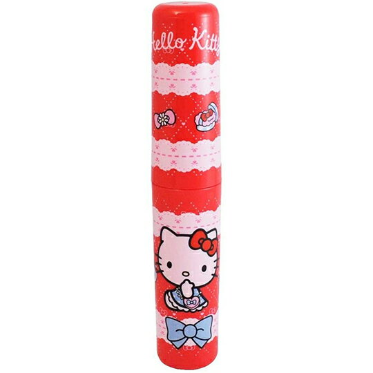 小禮堂 Hello Kitty 日製 圓形塑膠隨身收納罐 筷罐 筆罐 牙刷罐 (紅 蕾絲)