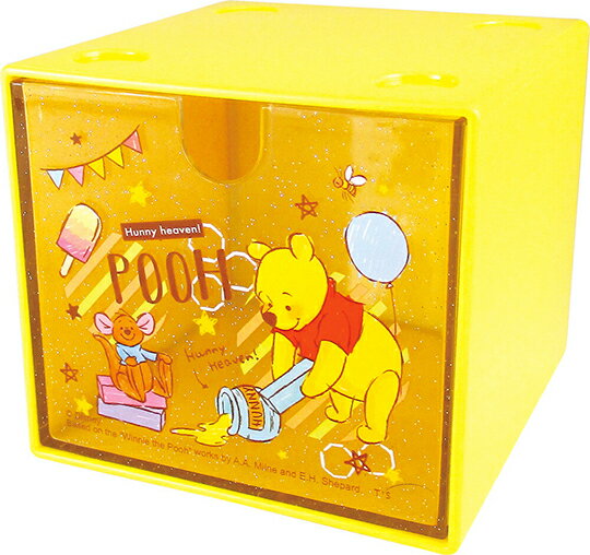 小禮堂 迪士尼 小熊維尼 方形單抽收納盒 透明抽屜盒 積木盒 飾品盒 可堆疊 (黃 蠟筆)