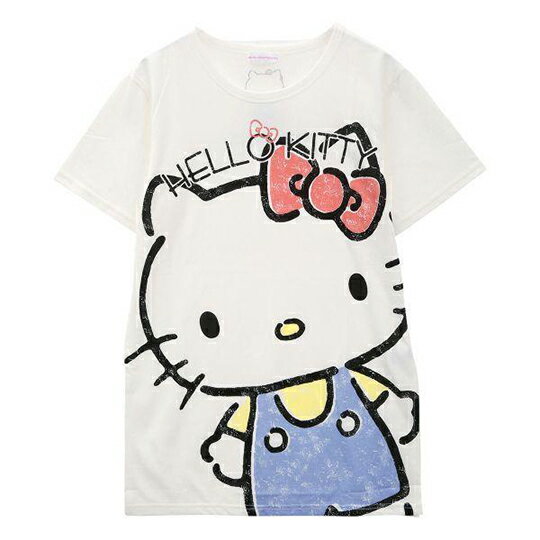 小禮堂 Hello Kitty 棉質圓領短袖上衣 薄上衣 印花T T-shirt 短T 棉T (米 站姿)