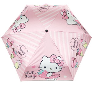 小禮堂 Hello Kitty 抗UV折疊雨陽傘 三折雨傘 折疊雨傘 防曬傘 雨具 (粉 草莓)