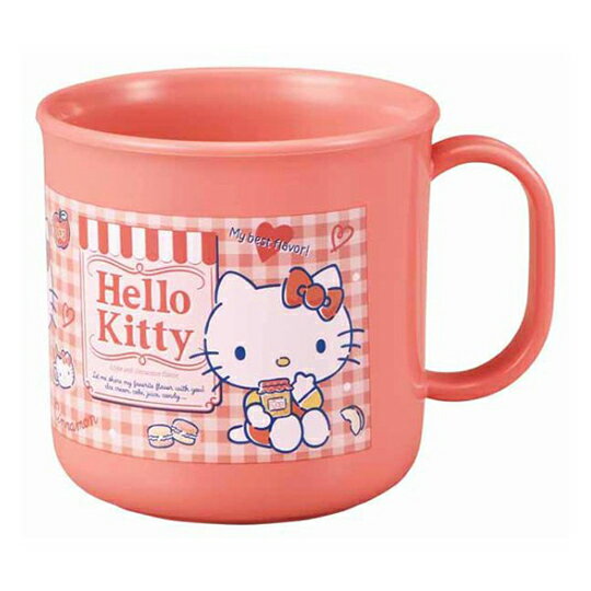 小禮堂 Hello Kitty 日製 單耳塑膠杯 兒童水杯 漱口杯 小水杯 200ml Ag+ (玫紅 格紋)