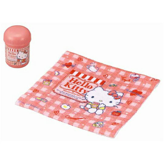 小禮堂 Hello Kitty 日製 純棉無捻紗短毛巾 附罐 純棉毛巾 方形毛巾 毛巾罐 30x30cm (玫紅 格紋)