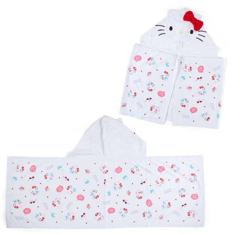 小禮堂 Hello Kitty 造型連帽涼感毛巾 附夾鏈袋 涼感浴巾 涼感披肩 沙灘巾 50x110cm (白 2021炎夏企劃)