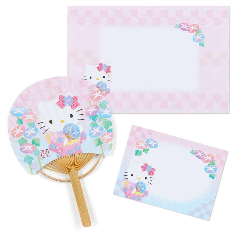 小禮堂 Hello Kitty 日製 圓形竹扇萬用卡片 夏季卡片 明信片 節日卡 賀卡 (粉)
